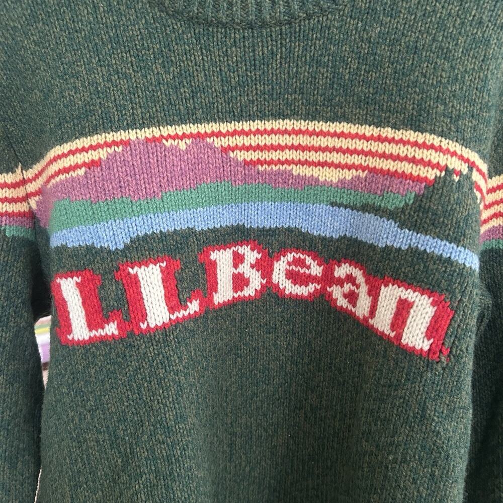 LL Bean Sweater Katahdin Intarsia Knit Logo Spellout Green Lambswool Womens LG - Picture 4 of 4